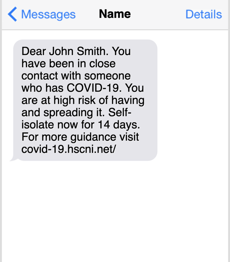 What Does A Close Contact Sms Look Like Guidance Covid 19 Coronavirus Northern Ireland